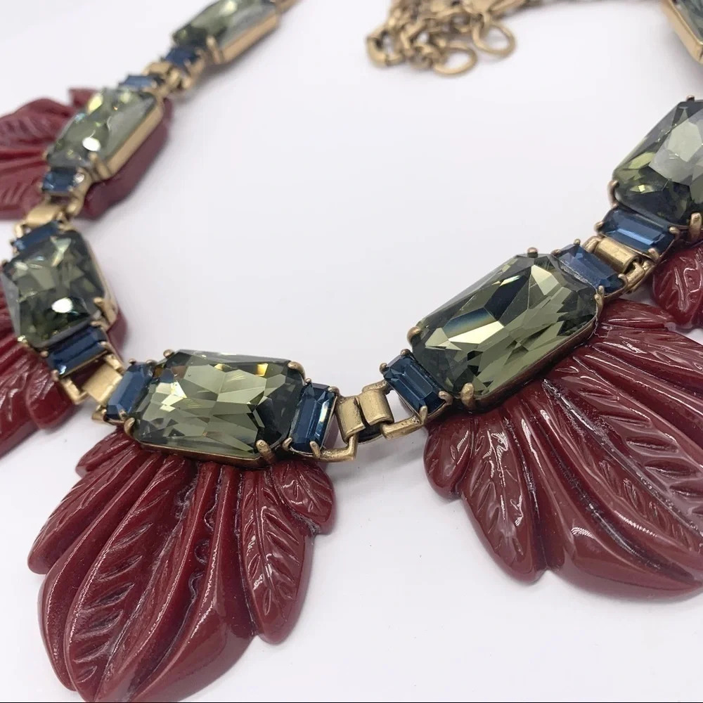 J. Crew Blue & Green Crystal Burgundy Resin Gold Necklace - Picture 2 of 5